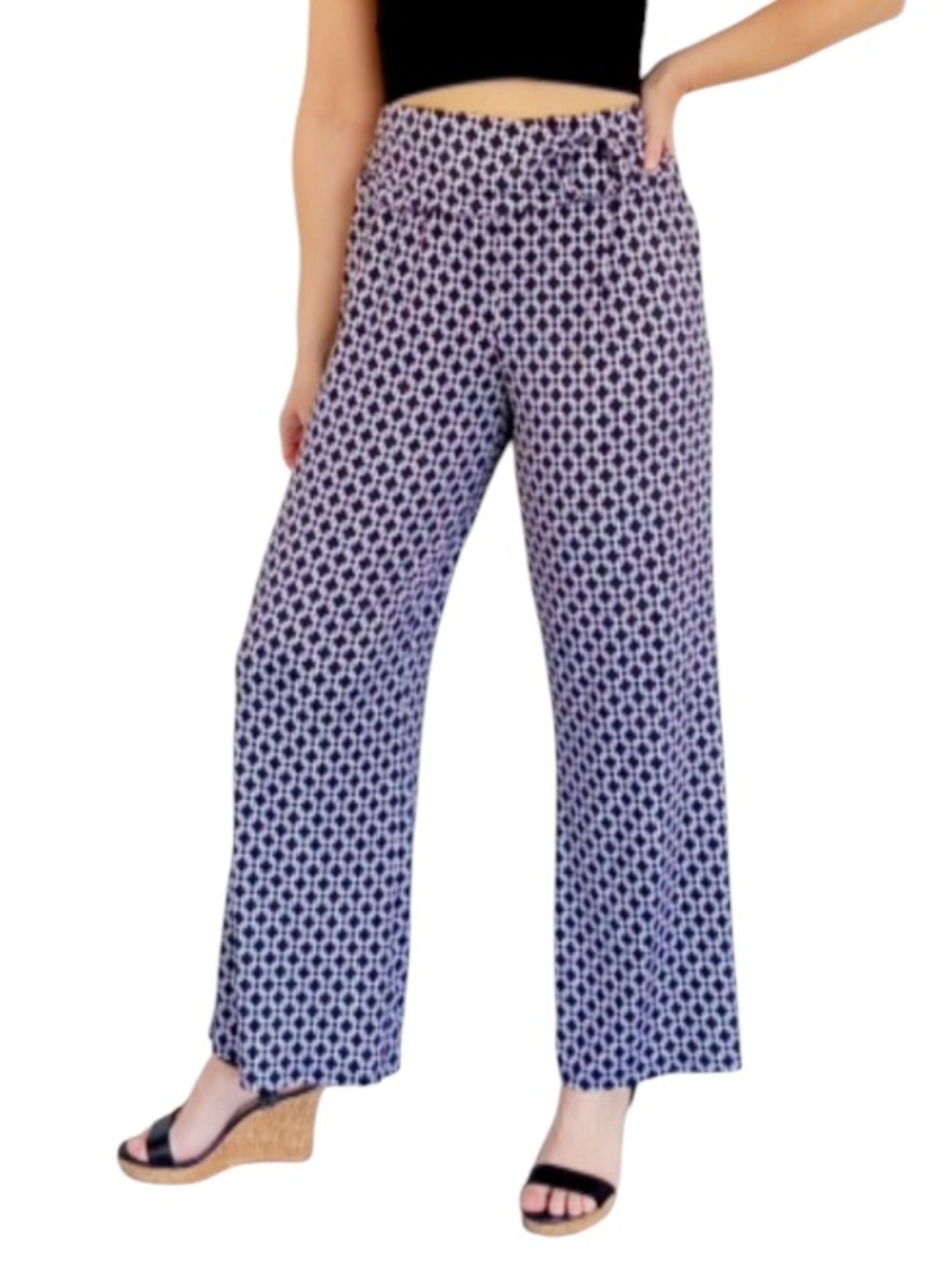Robert Louis navy white belted geometric print wide leg pants size medium